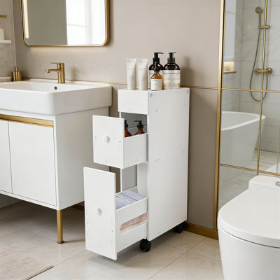 Slim Bathroom Floor Cabinet With Drawers And Wheels For Corner Storage