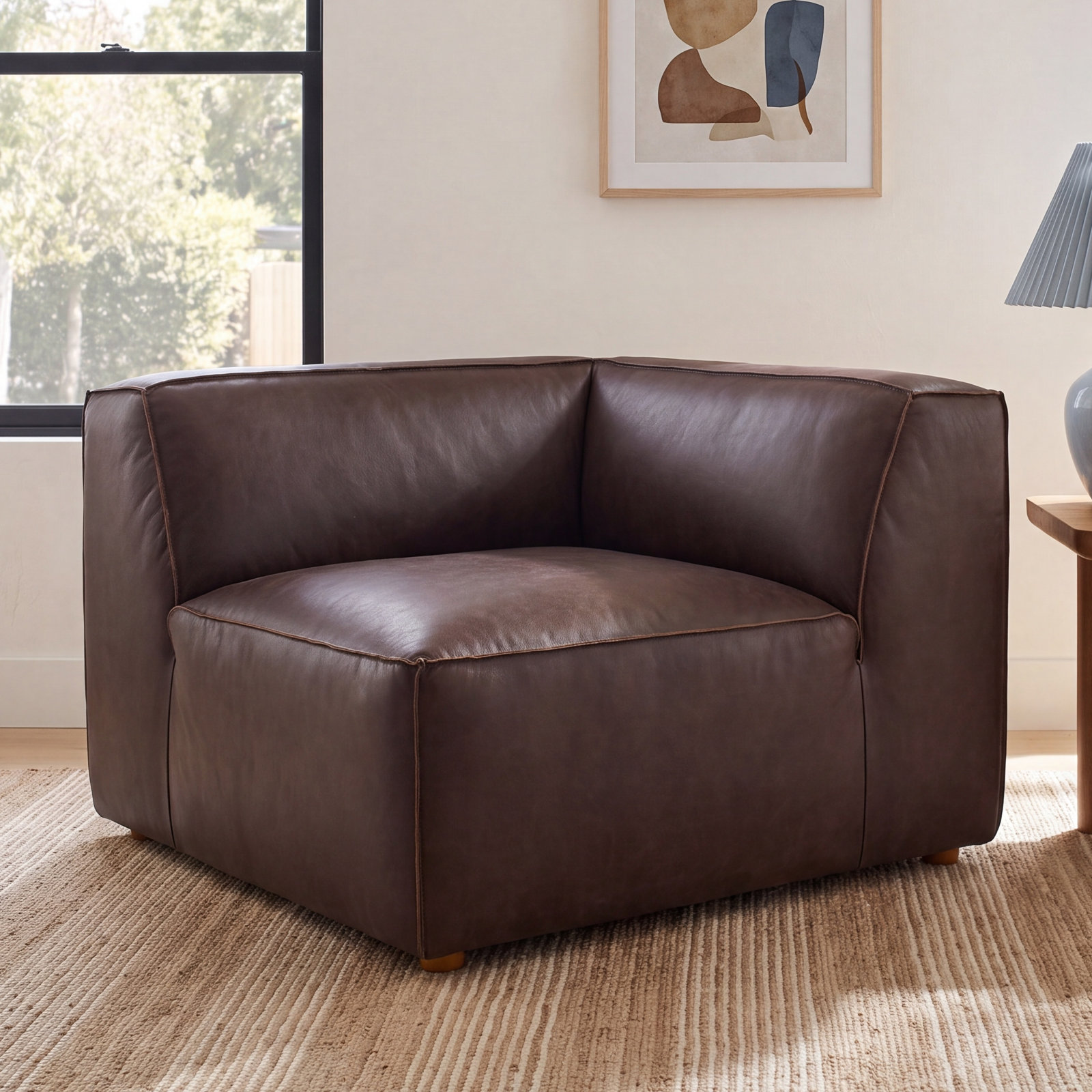 Foley Pine Genuine Leather Corner Chair, Espresso Brown Top Grain Leather