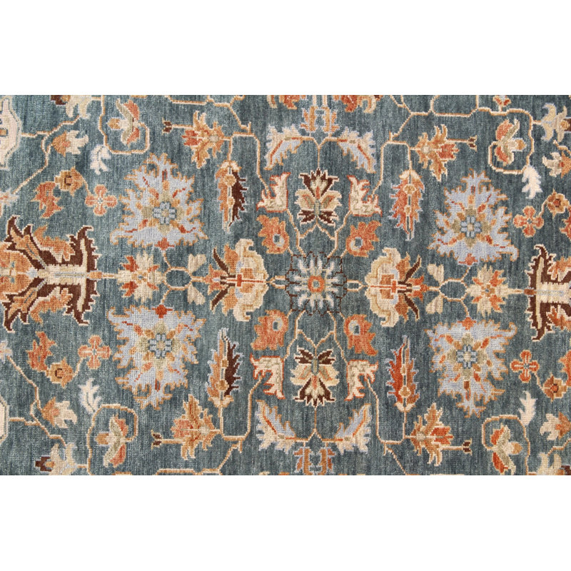 Tapis bleu et beige en laine noué à la main Oushak - motif floral traditionnel d'inspiration persane avec des détails de rouille pour le salon et la chambre à coucher