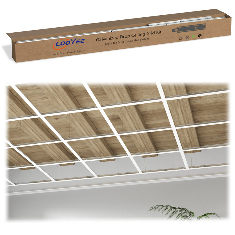 Système de grille pour plafond suspendu LooYee Set Ensemble complet de grille en acier galvanisé noir Résistance à la rouille et au feu Installation facile pour le sous-sol, la cuisine, la salle de bain, la couverture de salle de bain, 64 pieds carrés
