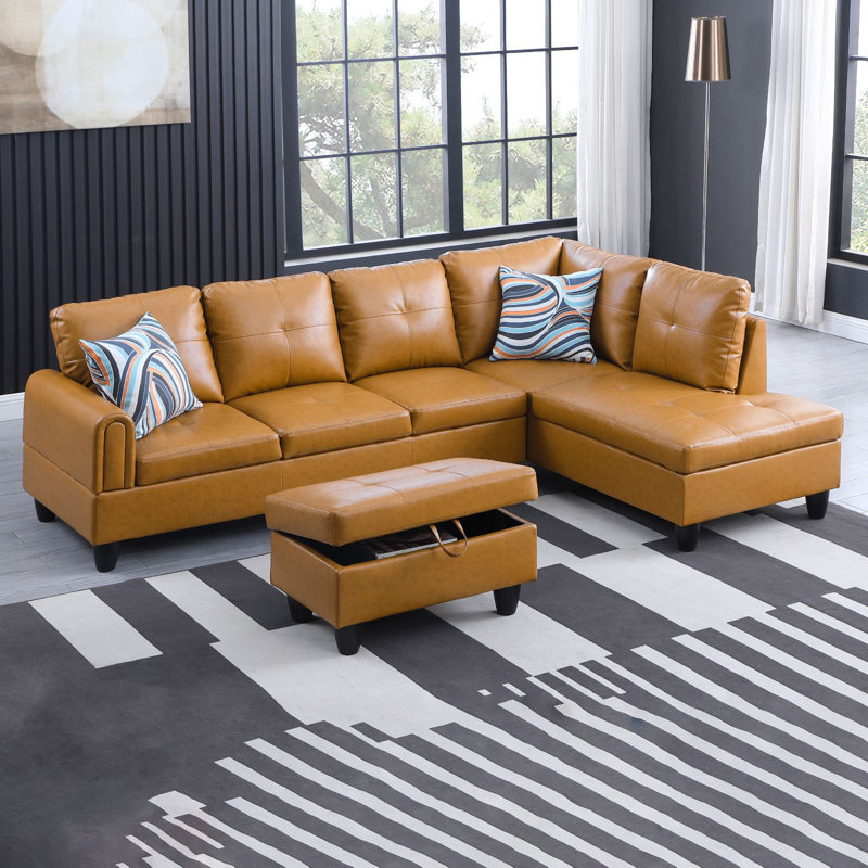 Canapé modulaire 3 pièces Jayzen, Orienté à droite, Noir, noir, noir, noir, Cuir brun gingembre