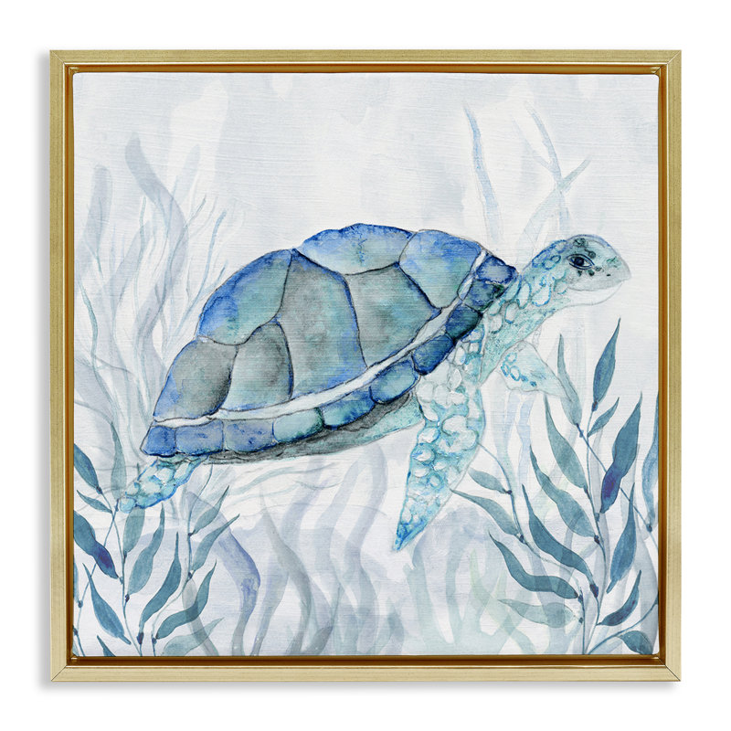 Cadre flottant Sourire tortue, design par Janet Tava, H 25 po x l 25 po, Cadre flottant métallique doré