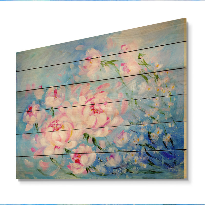 Bouquet de pivoines roses en fleurs - Peinture sur bois sans cadre, H 24 po x l 36 po x P 1 po