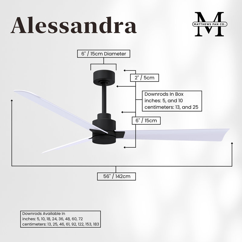 Alessandra Outdoor Downrod Ceiling Fan, Matte White, Matte Black