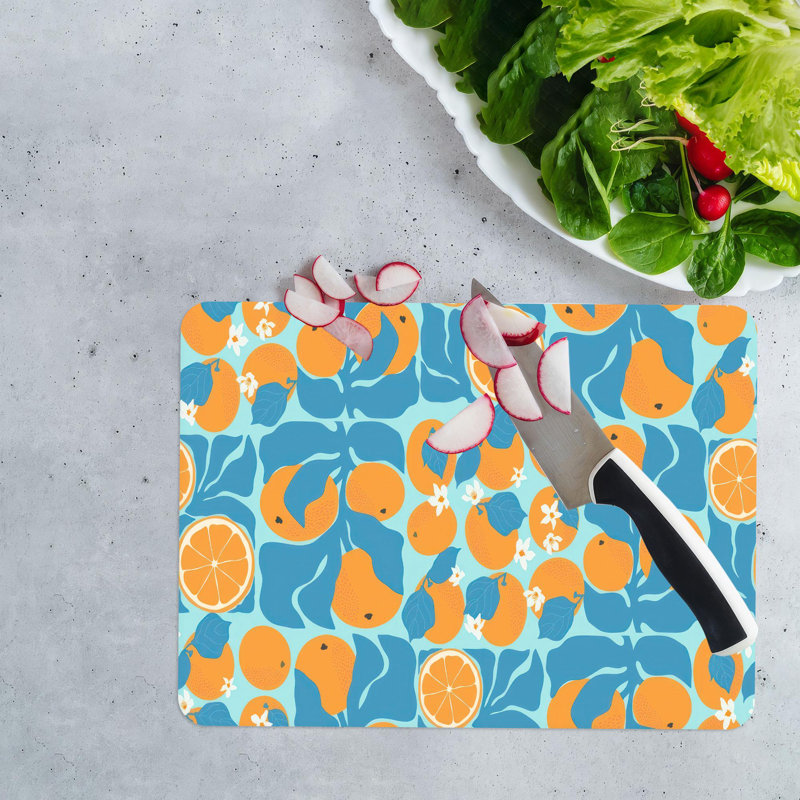 Planche à découper en verre moderne de conception orange abstraite imprimée sur du verre de haute qualité pour un essentiel de cuisine épuré et élégant