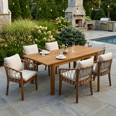 Ensemble 7 pièces de salle à manger d'extérieur en bois d'acacia, 6 grandes tables et 1 grande table, ensemble de mobilier de salle à manger pour pelouse, cour, terrasse de jardin, bord de piscine, teck
