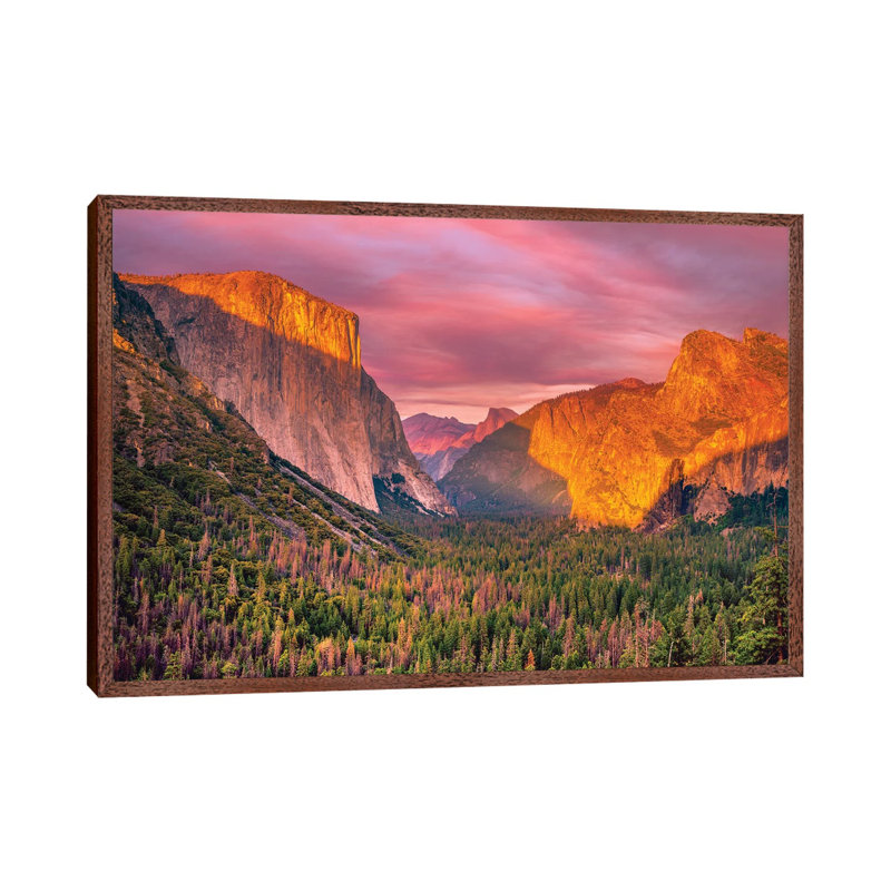 Yosemite Valley Sunset by Marco Carmassi - Print on Canvas, 152.5 cm H x 101.5 cm W, Classic Brown Wood Framed