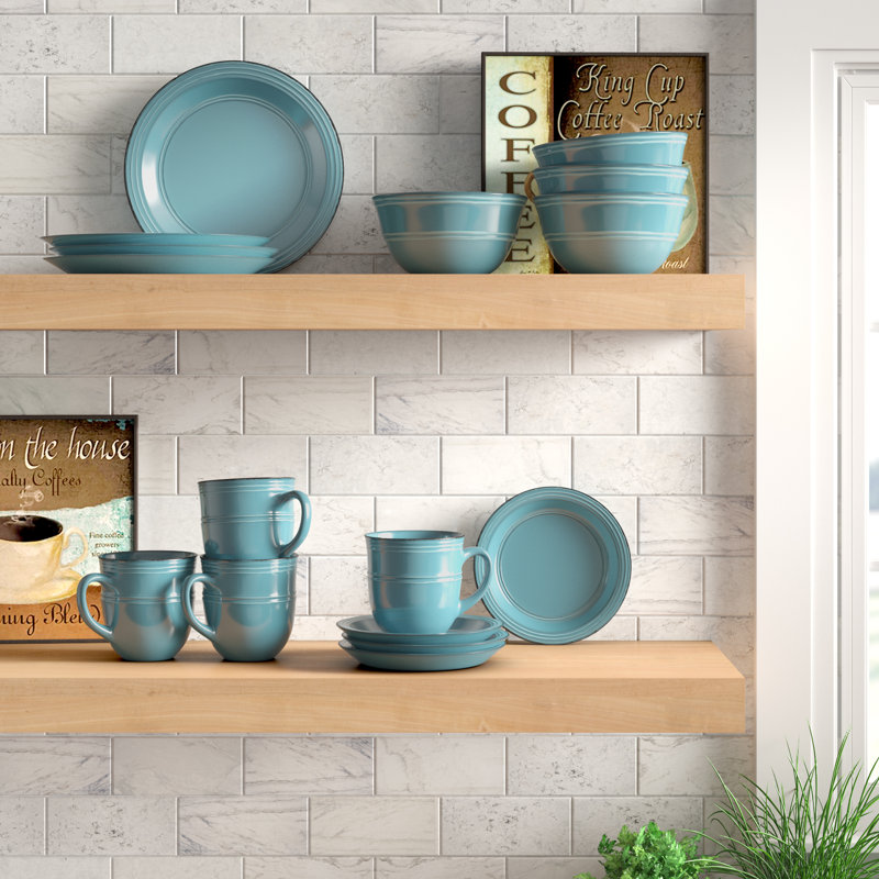 Annabelle 16 Piece Stoneware Dinnerware Set - Service for 4, Aqua Blue