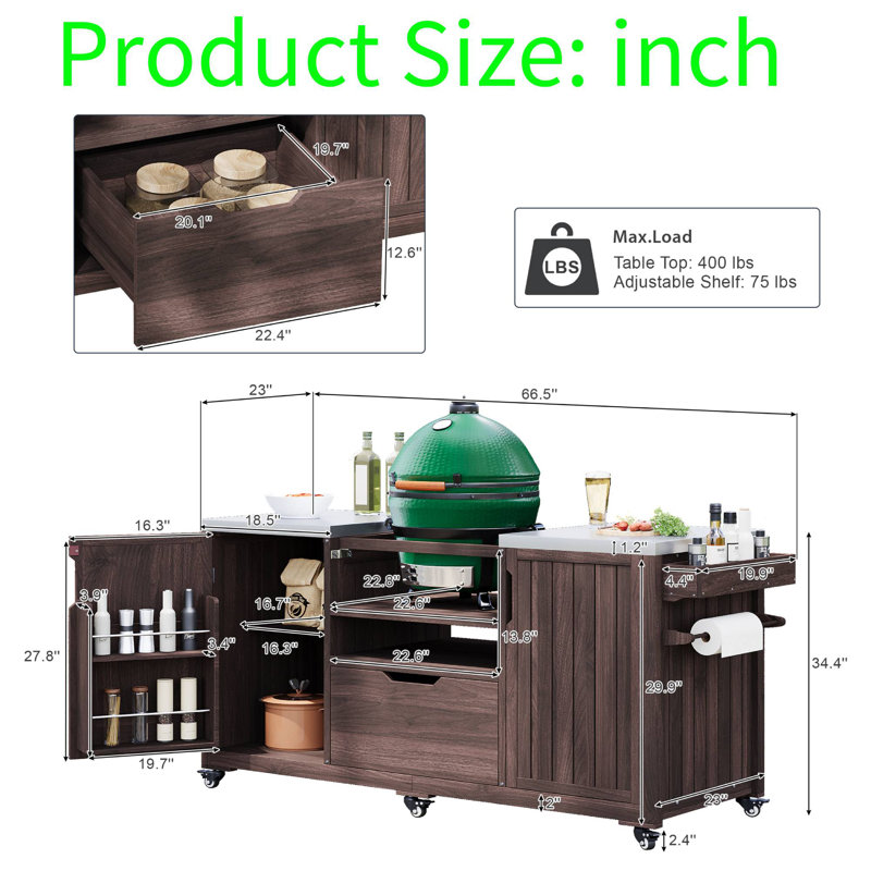 Outdoor Grill Cart With Fir Wood Construction, Adjustable Middle Shelf, Ample Storage & Mobility, Spice Rack, Paper Towel Holder, And S-Hooks