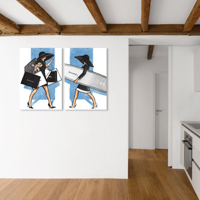Fashion Girl " Fashion Girl Walk Set, Surfboard, And Shop Bags Modern Blue " by Oliver Gal 2 - Pieces