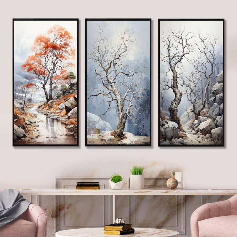«Abstract Expression Of Mystic Oak Tree», ensemble de 3 reproductions d'art sur toile, Cadre flottant noir, H 28 po x l 36 po