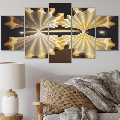 Faisceaux lumineux à travers l'espace en jaune rétro - décoration murale fractales - 5 panneaux