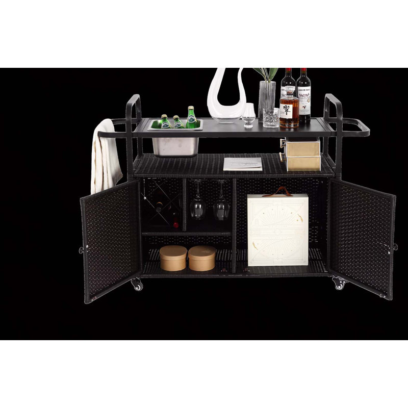 Outdoor Bar Table, Wicker Bar Cart with Cabinet, Patio Serving Cart with steel Top, with one ice bucket,Lockable Wheels, Side Basket for Garden, Poolside & Backyard, Black