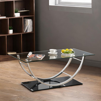 Table basse avec une finition argentée et un plateau en verre, design rectangulaire en forme de U, largeur moderne de 48 pouces