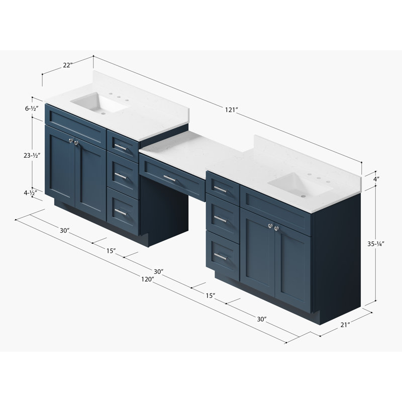 Disar 120" Double Bathroom Vanity With Desk Dovetail Solid Wood Drawer Carrara Quartz Top, Blue