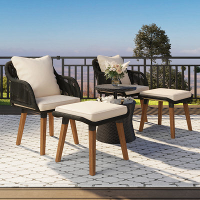 Ensemble de chaises de patio 5 pièces K&K, ensemble de conversation avec table de bar en osier, repose-pieds, ensemble bistro d'extérieur pour porche, cour, balcon, noir et beige près de la piscine, ensemble d'extérieur pour canapé d'extérieur