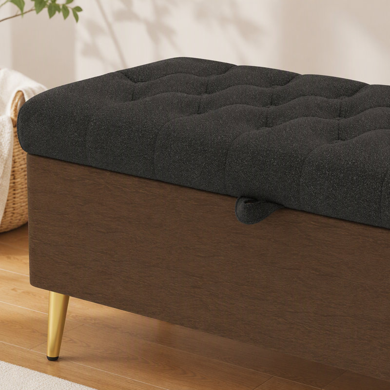 Boucle Upholstered Storage Bench, Grey, Grey