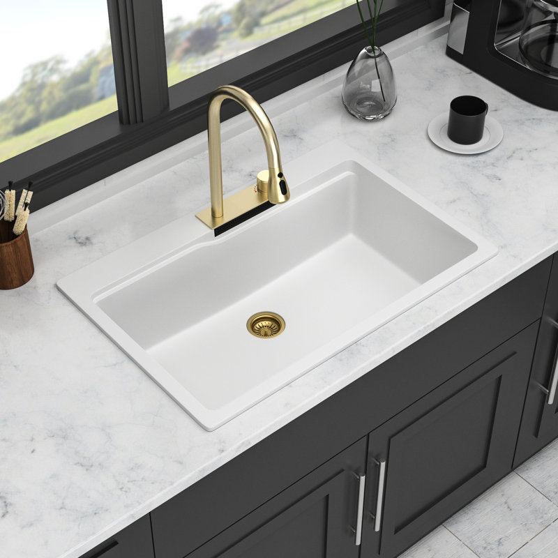 33"X22" Kitchen Sink - White Quartz Composite With Waterfall Design & Pull-Out Faucet For Workstation And Mixed Accessory Groups 33X22" Style, Assorted Packages