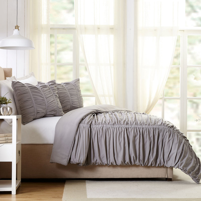 Emily Ruched Solid Textured Comforter Set, Light Gray, Twin/Twin XL Comforter + 1 Standard Sham