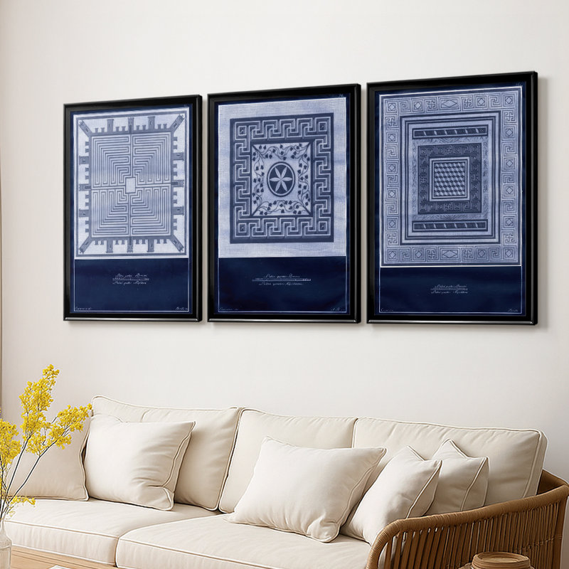 Indigo Tile I - Toile tendue avec châssis sur mesure - 3 pièces, H 27 po x l 57 po, Noir