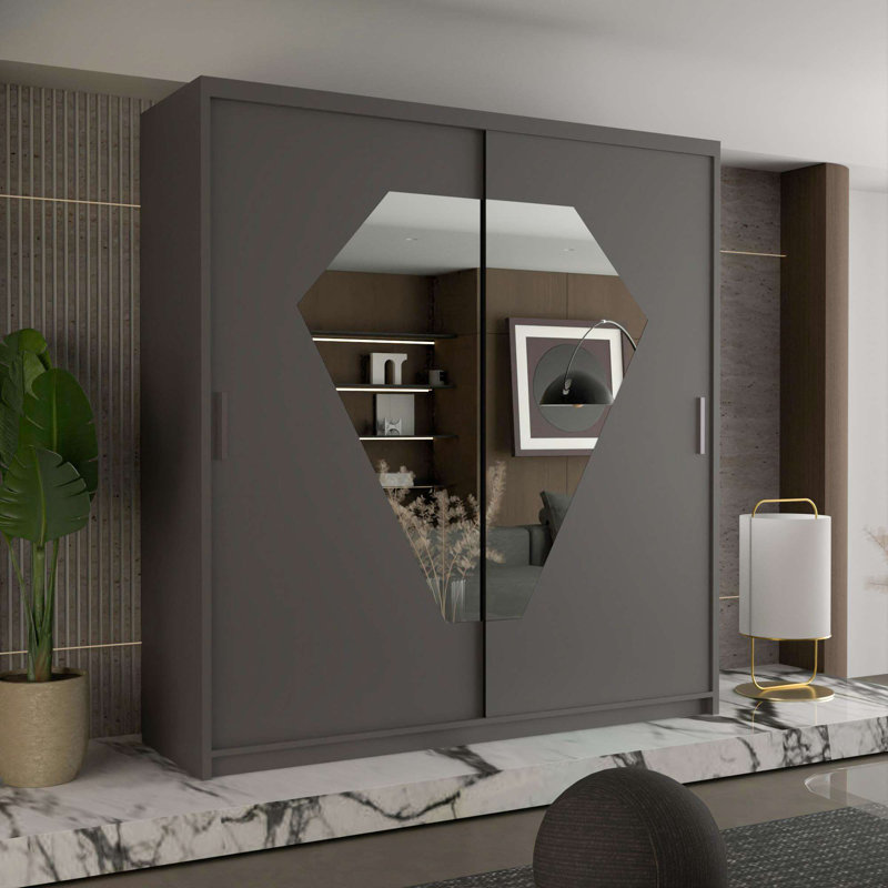 Modern Double Sliding Door Wardrobe, Gray, 217cm H x 150cmW x 62cm D
