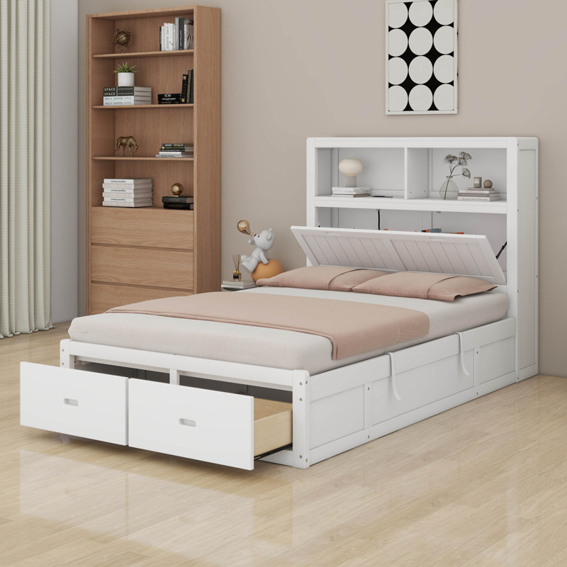 Solid Wood Hydraulic Bed Frame With Storage LED Headboard & Charging Station, Full-Size Platform Bed With 2 Drawers, White