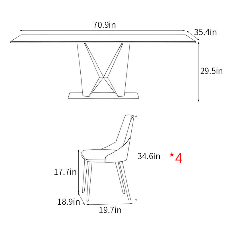 Ensembles de tables de salle à manger rectangulaires italiennes, H 29,5 po x L 70,9 po x l 35,4 po