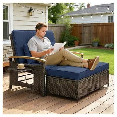 Navy Blue Rattan Outdoor Daybed Sofa Bed with Storage Ottoman - 4-in-1 Modular Patio Furniture