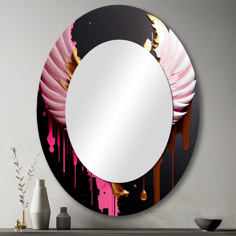 Pink,Gold And Black Angel Wings I - Gold Oval Wall Mirror Decor, 43" x 33"