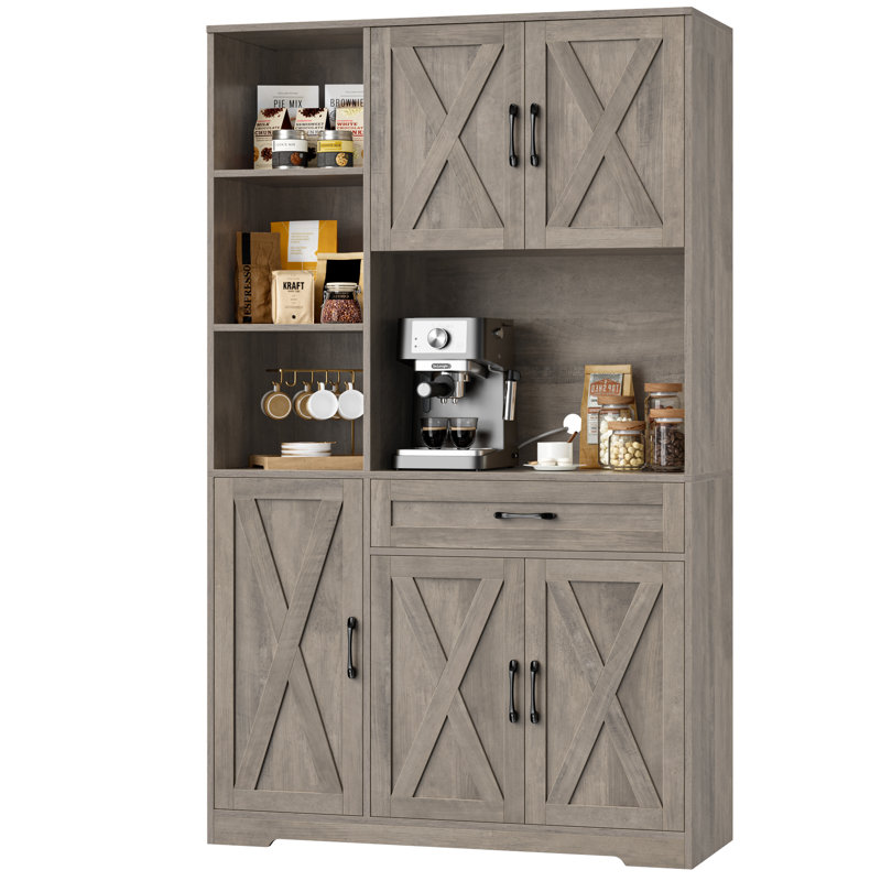 Garde-manger de style campagnard H 70,9 po Anitrea avec tablette à micro-ondes, armoire de rangement en bois avec tablette réglable et tiroir central, gris délavé