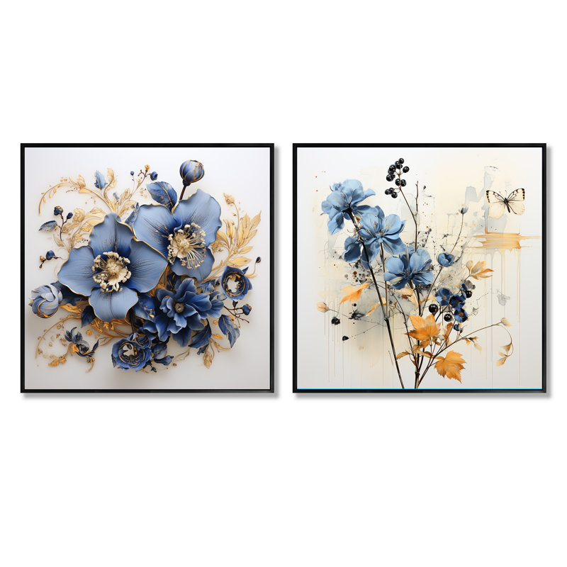 Blue Orchid S Whispered Symphony - ensemble de 2 collages carrés orchidées, Cadre flottant noir, H 16 po x l 33 po