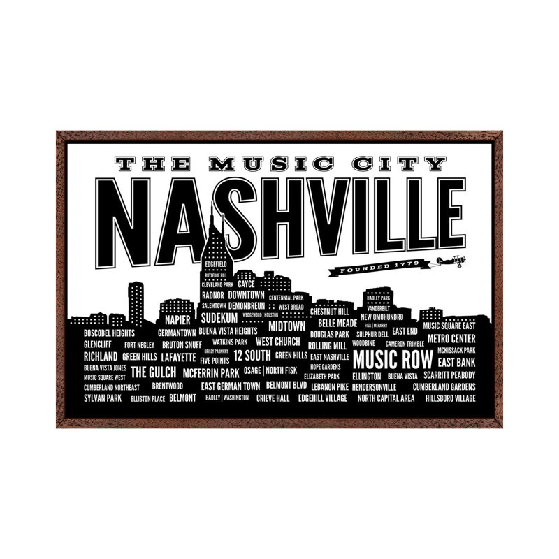 Nashville Neighborhoods 1 Piece Wall Art on Canvas, 45.72cm H x 66.04cm W x 3.81cm D, Brown Floater Framed