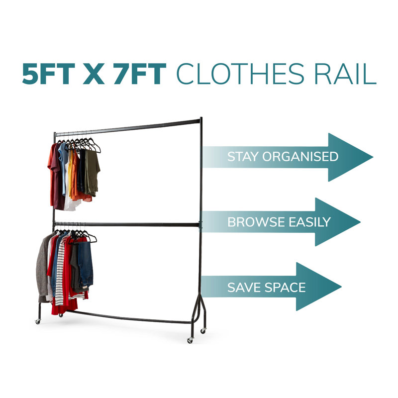 Two Tier Heavy Duty Clothes Rail Garment Hanging Rack In Black, 218 cm H x 152 cm W x 46.5 cm D