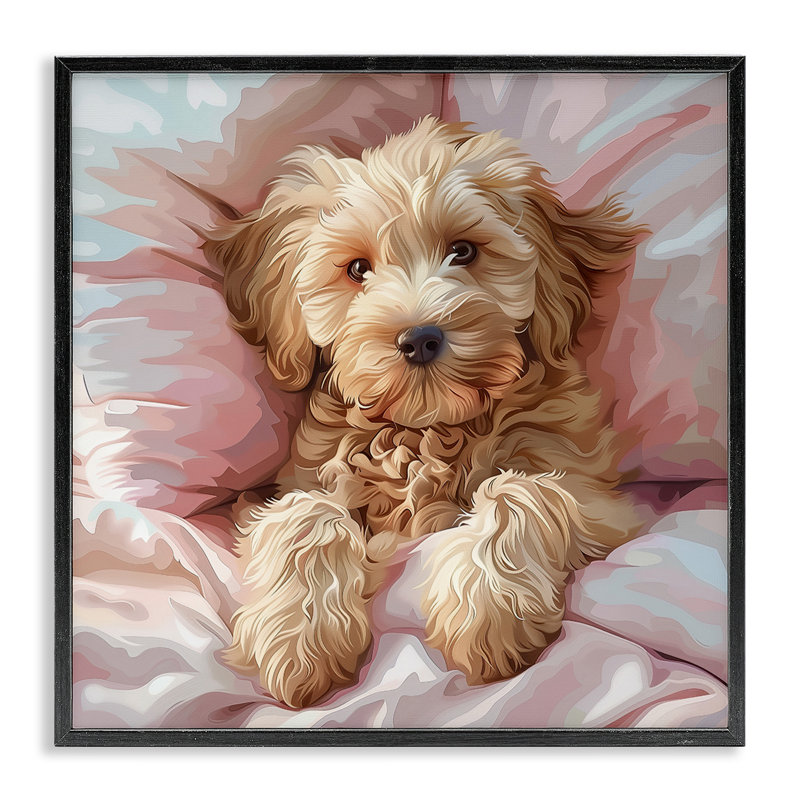  «Cuddling Labradoodle Bed», art de la giclée encadrée par Jim Baldwin, H 17 po x l 17 po, Giclée encadrée noir minuit