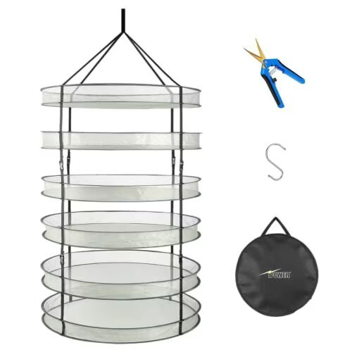 Séchoir à linge pliable suspendu à 3 couches 6 pieds avec anneaux robustes et sac de transport, pour plantes, graines et bourgeons, vert, 1 paquet de séchoir et sécateur bleu 6,5 po