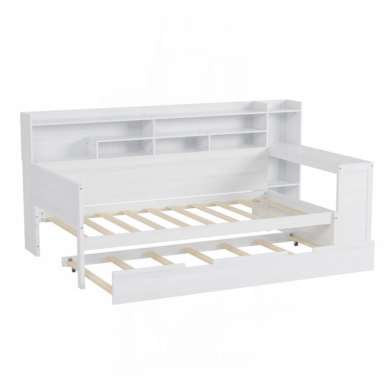 Lit de jour multifonctionnel avec bureau, lit gigogne et bibliothèque, Simple, Blanc