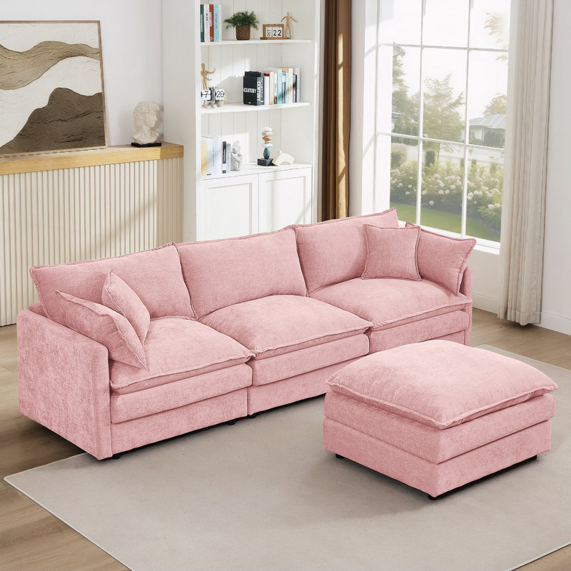 3-Seater Comfy Cloud Couches with Movable Ottoman, Pink