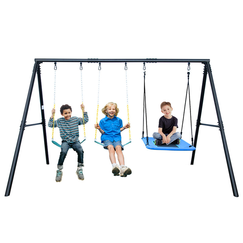 Heavy-Duty Black Metal Swing Set with Blue Platform and Belt Swings