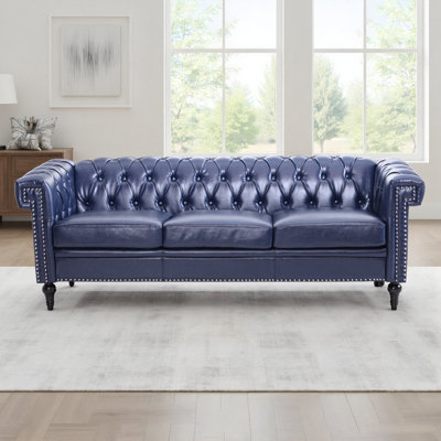 Classic Blue 3-seater Sofas, Pu Leather Square Arm Couch For Home