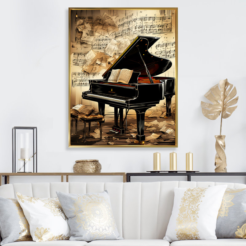 Classical Black Piano Sonata I - Piano, art mural, Cadre flottant doré, H 40 po x l 30 po x P 1,5 po