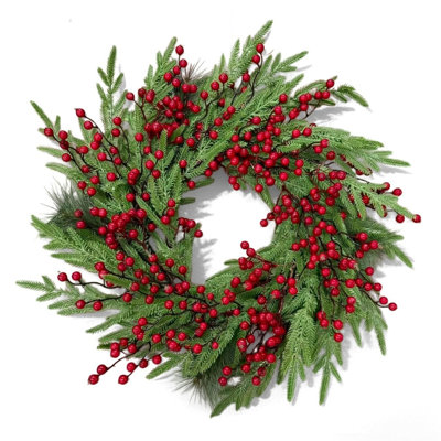 Couronne de Noël artificielle de 50 cm (19,7 pouces) avec des baies rouges denses et du faux feuillage de pin pour la décoration de la porte d'entrée pendant les fêtes