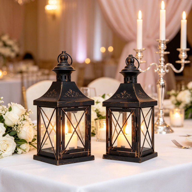 Set of 2 Decorative Candle Holder 27cm High Metal Hanging Lantern, Black
