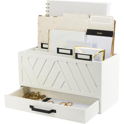 Organisateur de courrier en bois blanc à 3 niveaux avec tiroir - Trieuse de bureau avec porte-étiquettes dorés