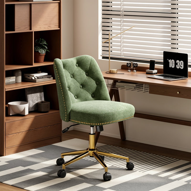 Chaise de bureau moderne capitonnée avec base dorée, hauteur réglable et fonction d'inclinaison, Vert