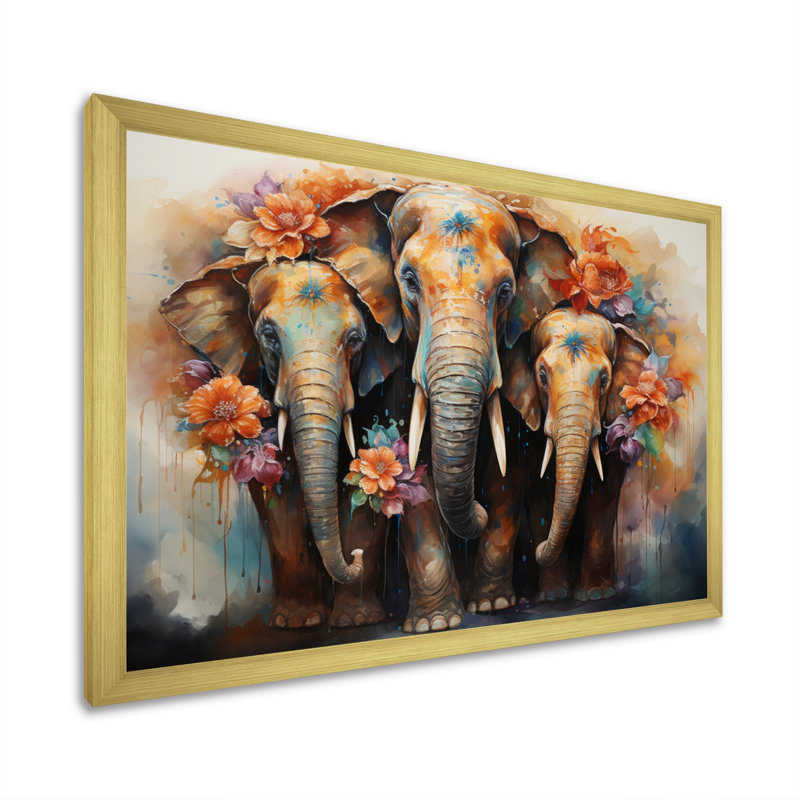 Art asiatique, éléphants thaïlandais - impression, H 12 po x l 20 po x P 1 po, Encadrement doré