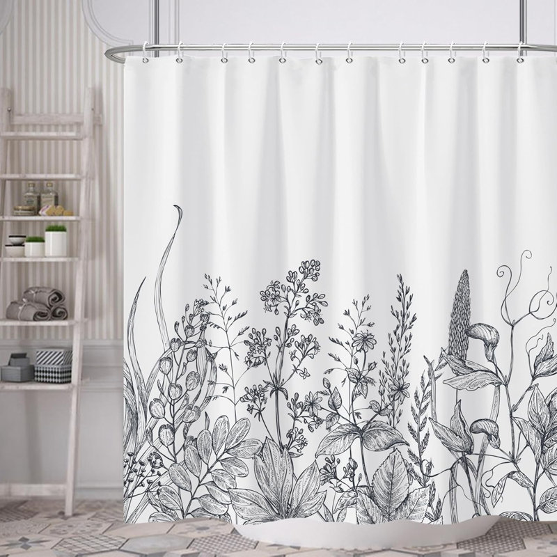 Pack of 1 Black and White Floral Minimalist Fabric Bath Curtain with Hooks, 152.4cm H x 182.88cm W