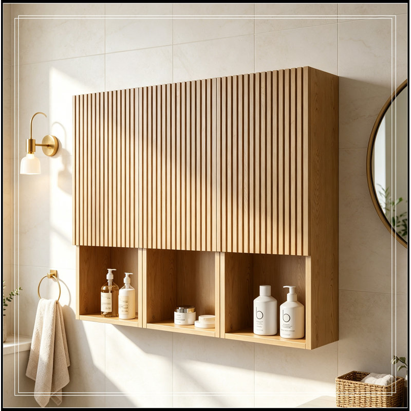 Armoire de salle de bain murale à 3 portes et tablette ouverte, Naturel