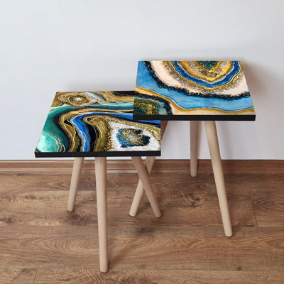 Ensemble de 2 tables gigognes élégantes en marbre, conception abstraite, 13,8 x 18,5 x 13,8 pouces et 13,8 x 16,5 x 13,8 pouces | 100% panneau de fibres à densité moyenne avec des pieds en bois de hêtre, robuste et élégant pour le salon, décoration intérieure moderne