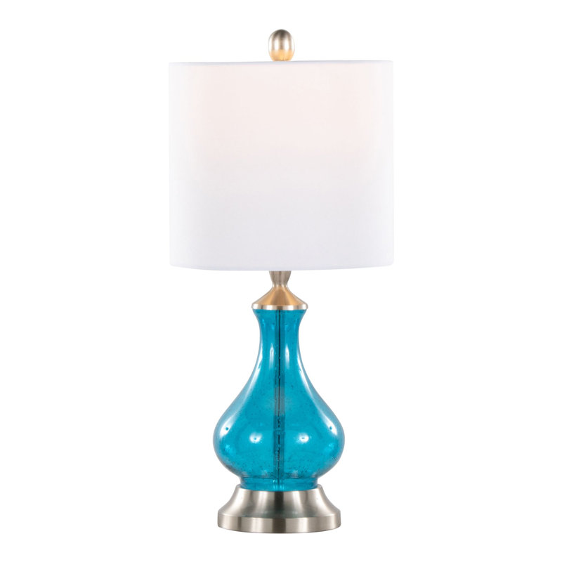 Lampe d'appoint contemporaine en verre de 56 cm (22 po), verre saphir clair bullé, finition nickel brossé et abat-jour en lin blanc