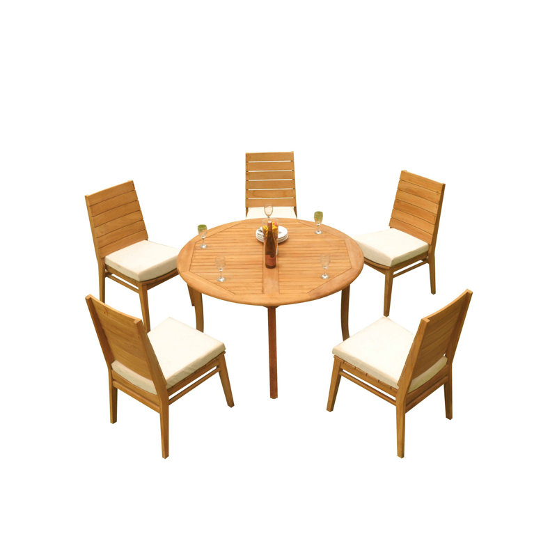 Round Long Teak Dining Set, 30.5" H x 48" W x 48" D, 6